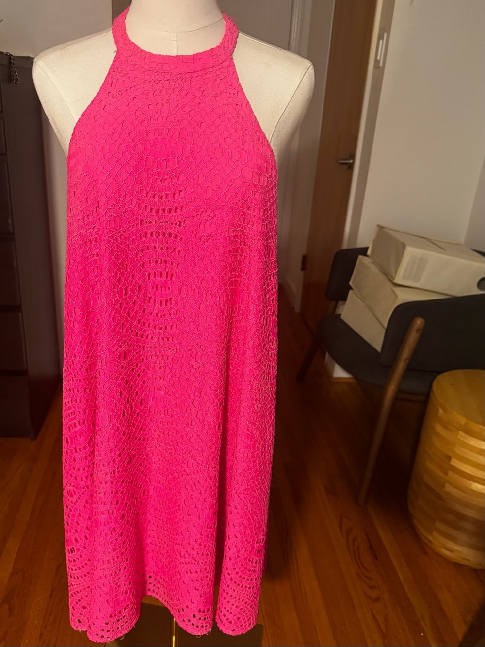 Lilly Pulitzer Hot Pink Crochet Halter Mini Dress, size M